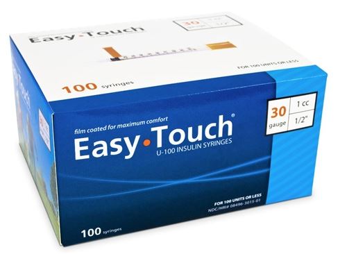 830155 EasyTouch U-100 Insulin Syringes, 30g, 1cc, 1/2 (12.7mm), Blue